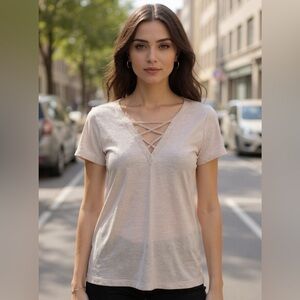 Tan Short Sleeve Top with V-Neck by  Forever 21 (inv# 90)
